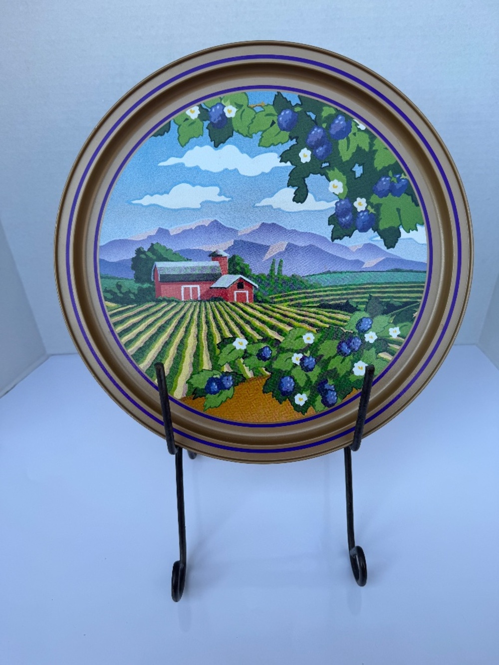 Vintage 13 Inch Round Metal Serving Tray Farm Vineyard Berry Landscape Retro Kit